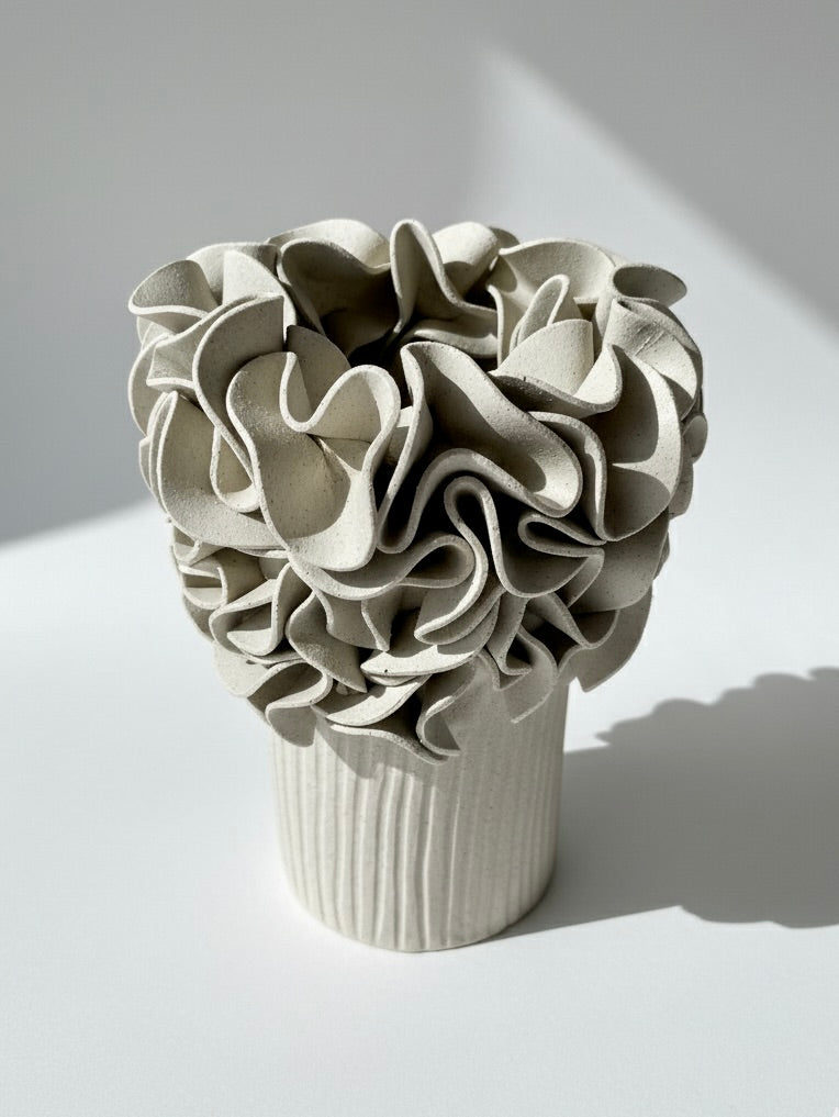 Oversized Ruffled Cylinder Vase - White Clay