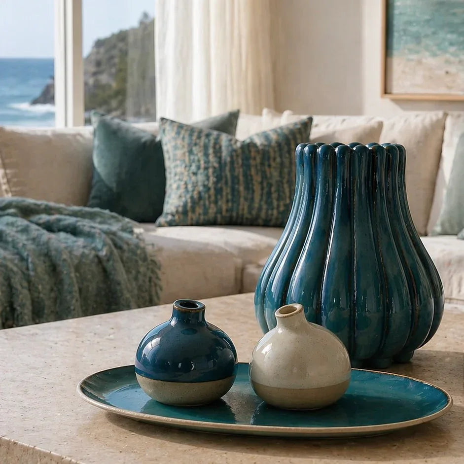 Hand-crafted ceramics with a rich 'turquoise blue' glaze; for tableware and home styling