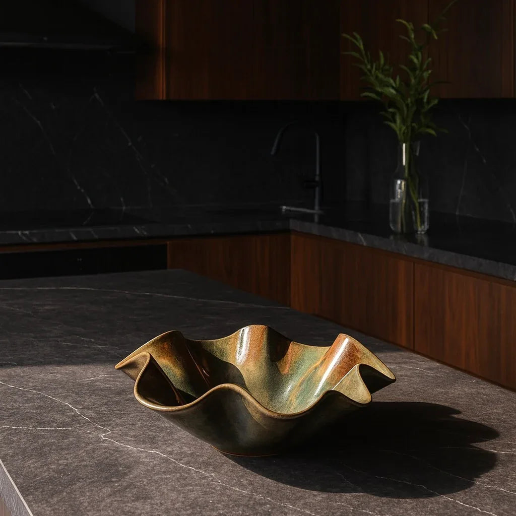 Decorative ceramic bowl on a dark stone surface with a kitchen background