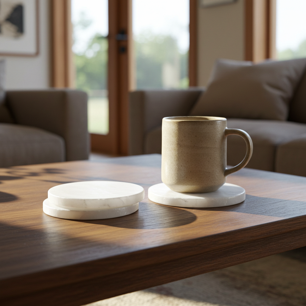 A round white coaster on a wooden coffee table, with a matching white coaster lid beside it in a softly lit living room. Alabaster Marble Coaster Set - White.