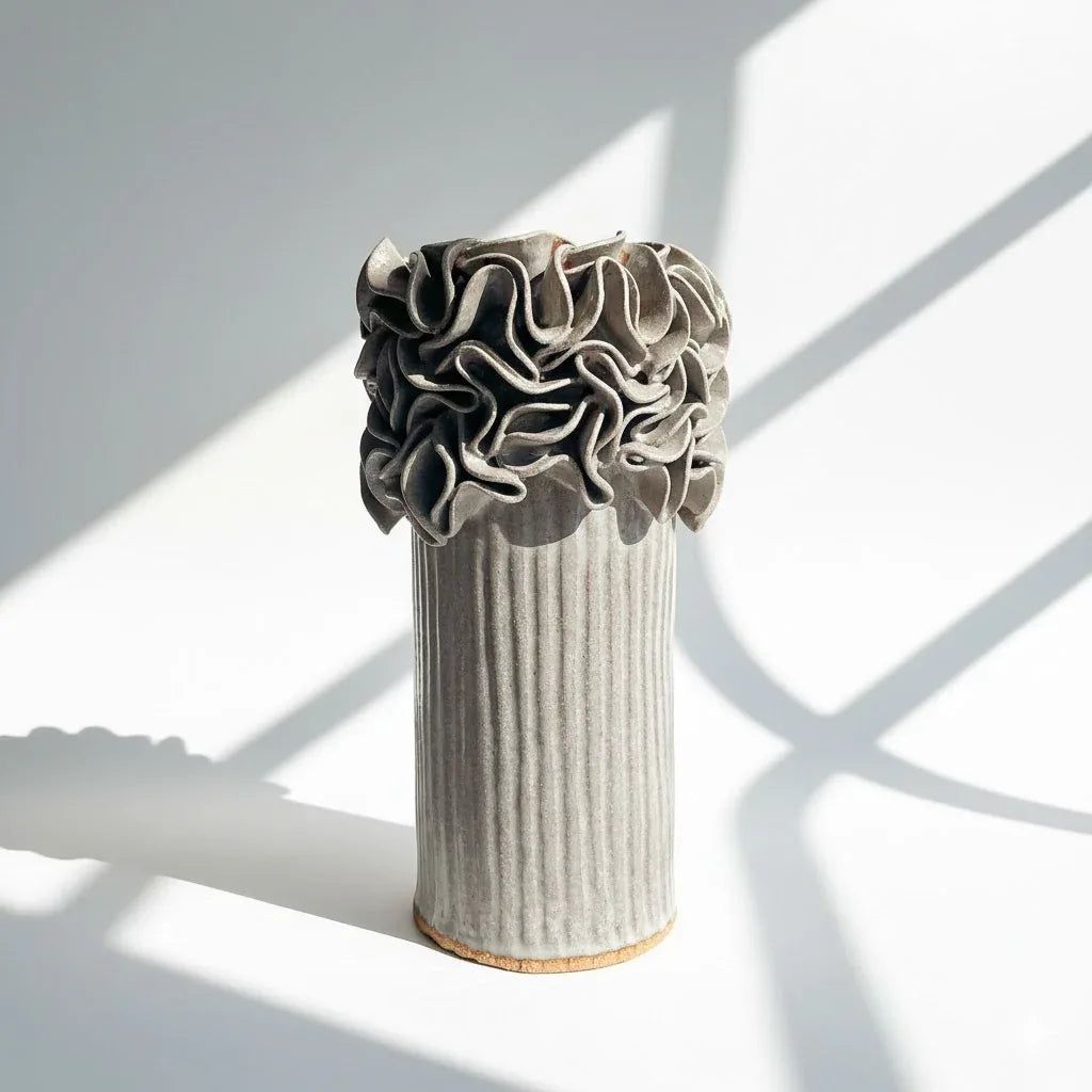 Oversized Ruffled Cylinder Vase - Mushroom Glaze