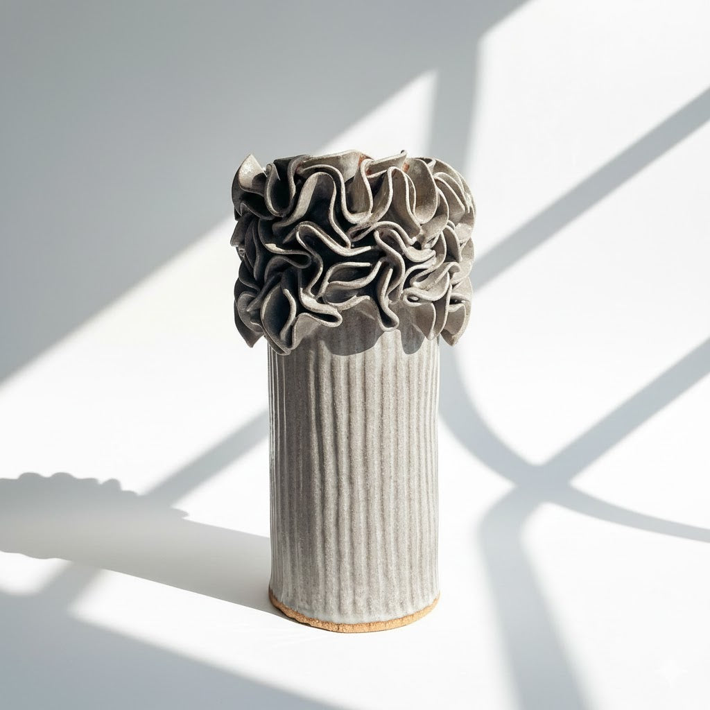 Oversized Ruffled Cylinder Vase - Mushroom Glaze