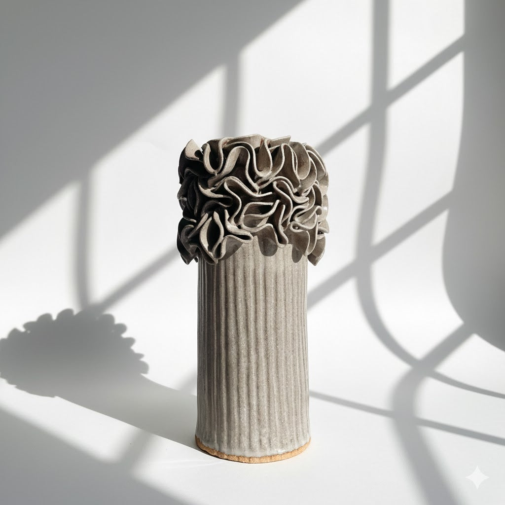 Oversized Ruffled Cylinder Vase - Mushroom Glaze