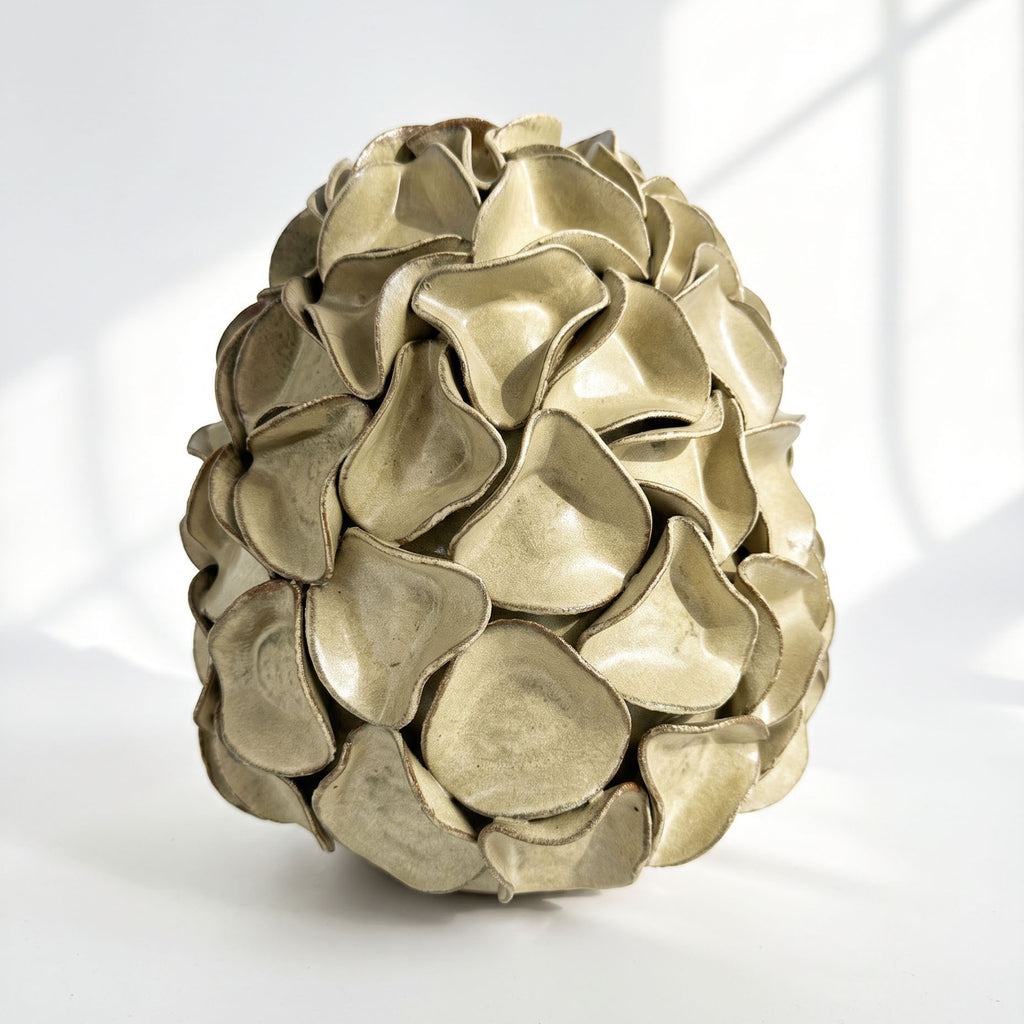 A sculptural egg-shaped decorative vase in melted mint glaze, overlapping petal-like surface folds.