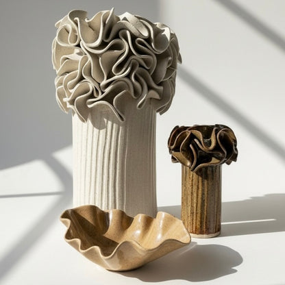 Set of handcrafted ceramic ruffle vases