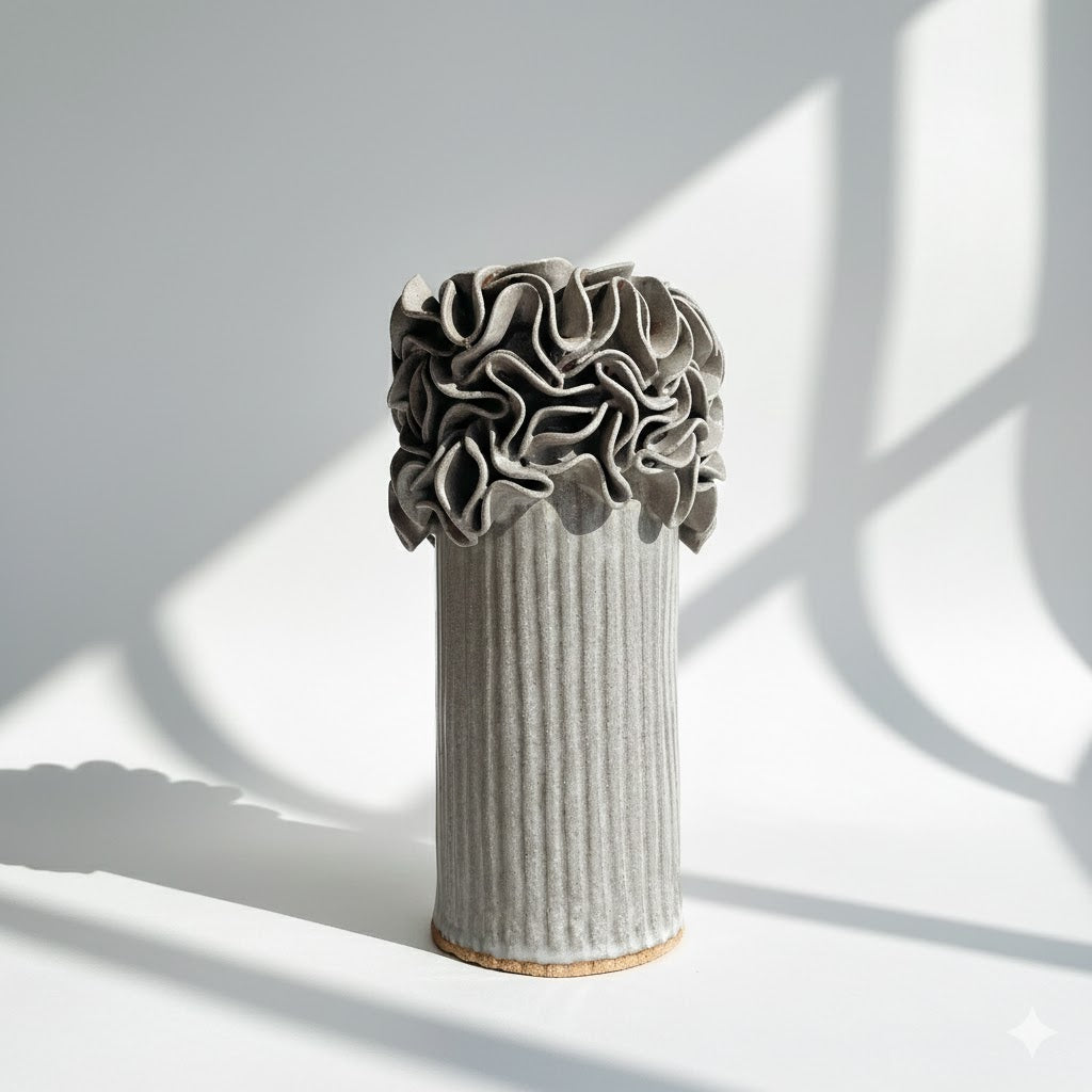 Oversized Ruffled Cylinder Vase - Mushroom Glaze