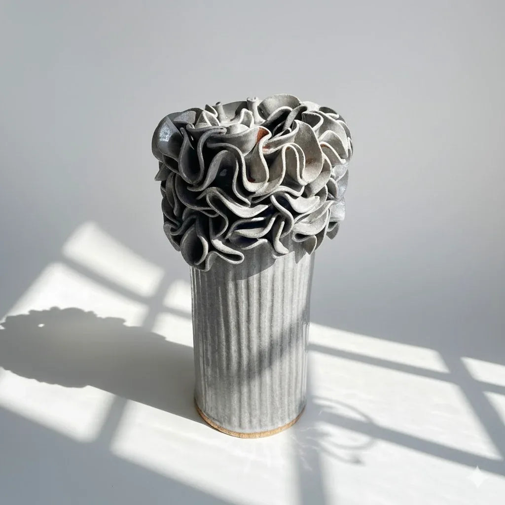 Oversized Ruffled Cylinder Vase - Mushroom Glaze