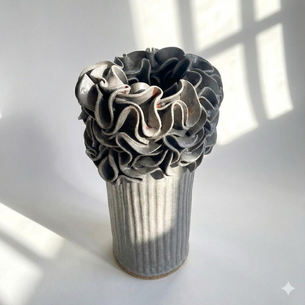 Oversized Ruffled Cylinder Vase - Mushroom Glaze