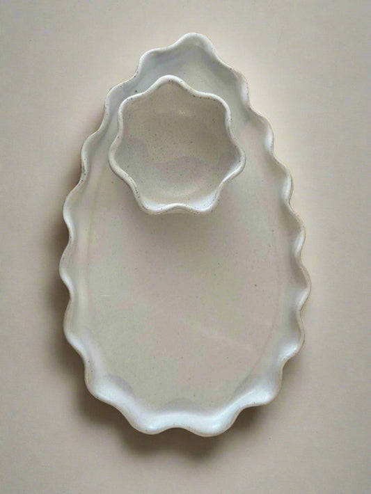 Wave Small Serving Platter & Dip Bowl - White