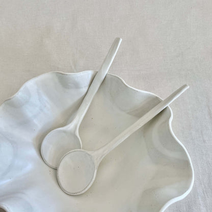 White Ceramic Serving Spoons & Large Wave Bowl