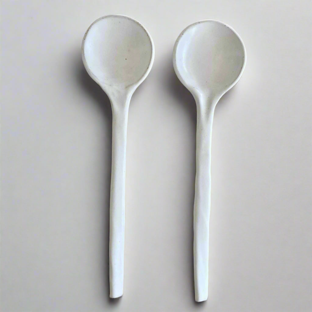 White Ceramic Serving Spoons - Handcrafted