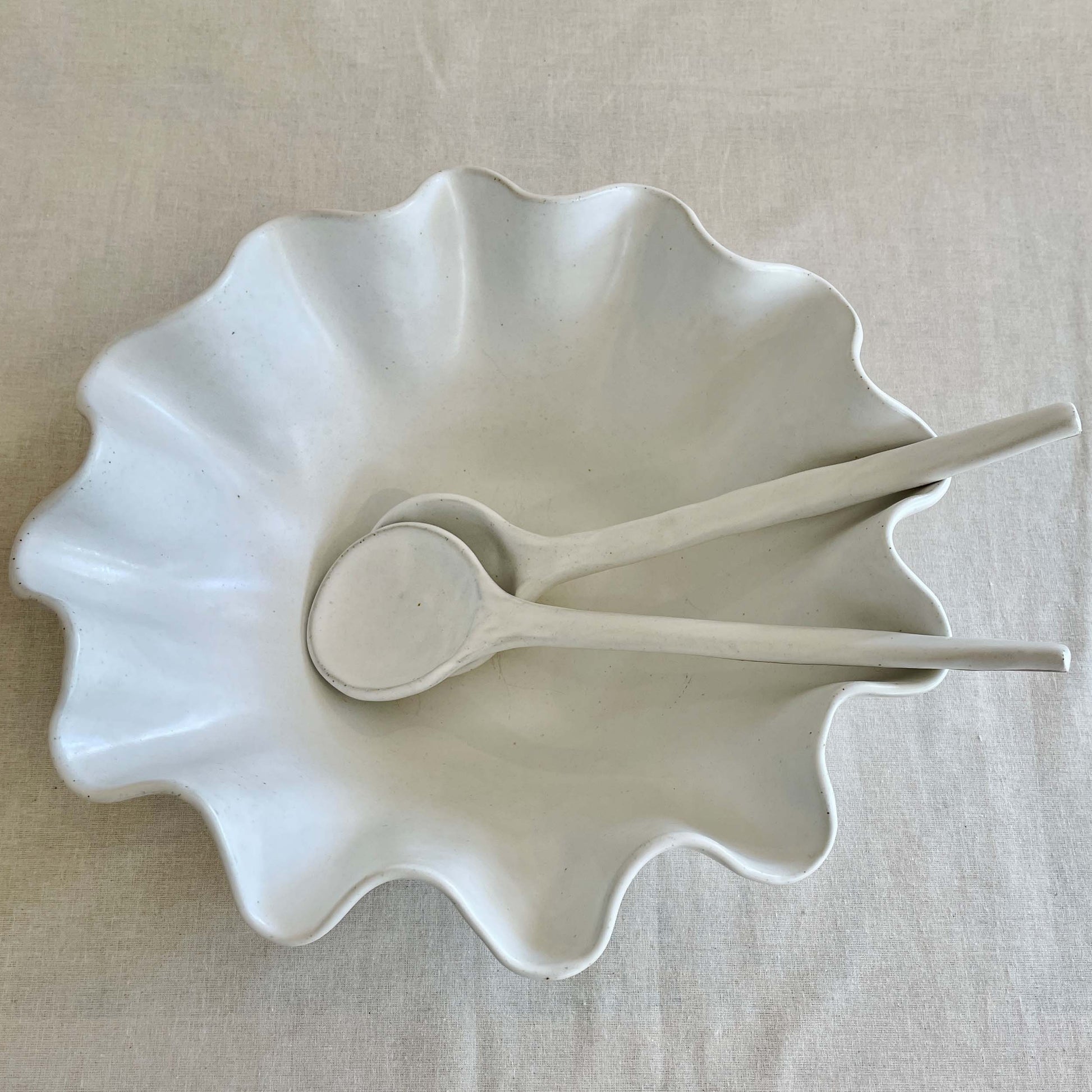 White Ceramic Serving Spoons & Large Waved Bowl