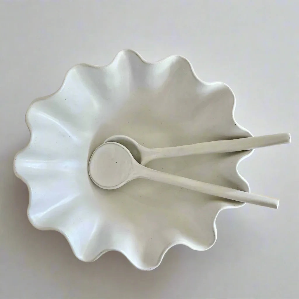 White Ceramic Serving Spoons & Large Wave Bowl