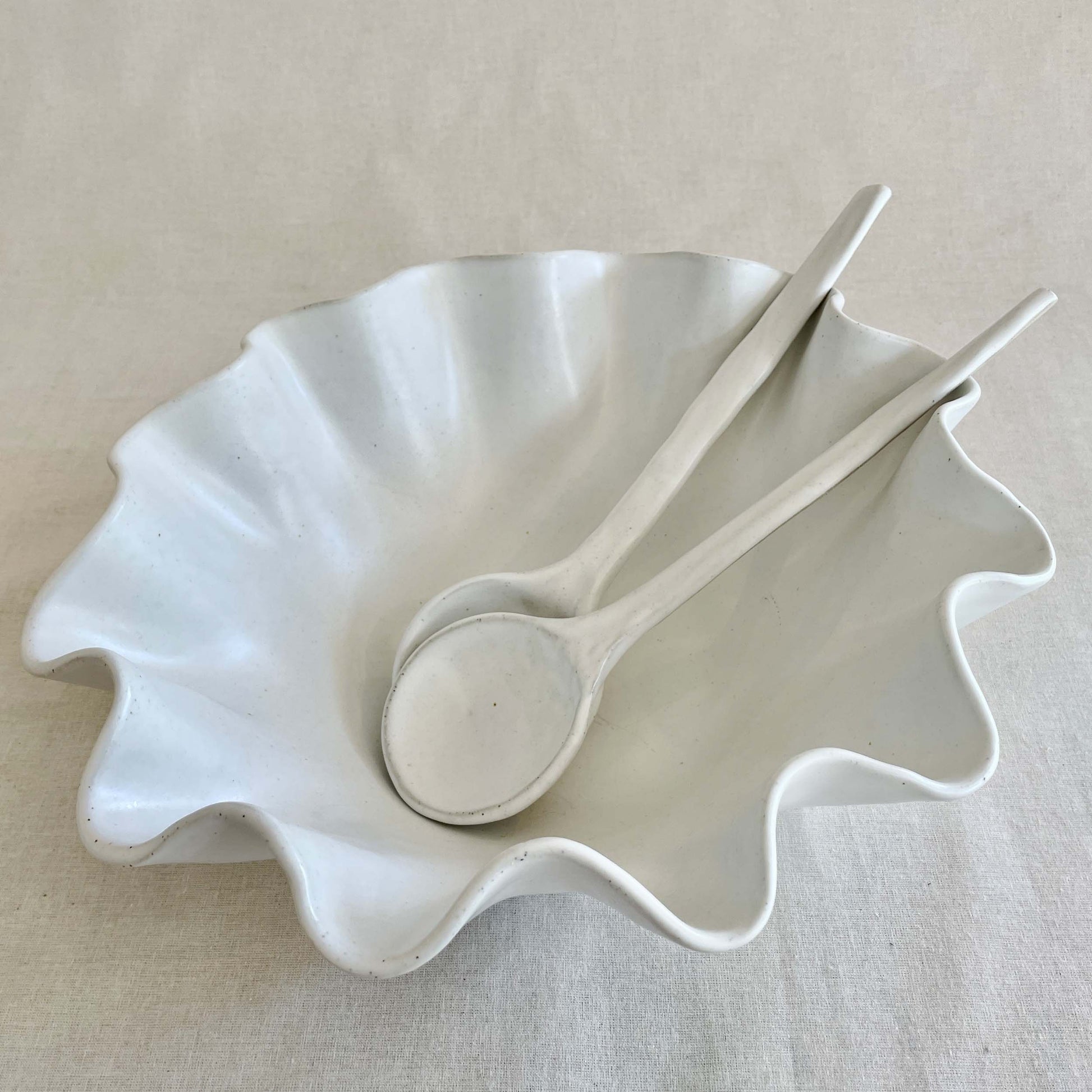 White Ceramic Serving Spoons & Large Rippled Bowl