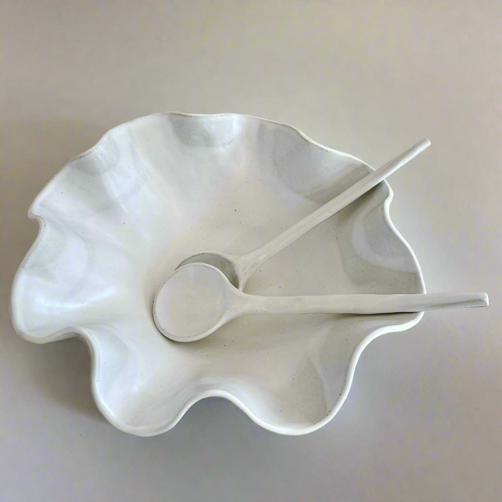 White Ceramic Serving Spoons & Large Wave Bowl