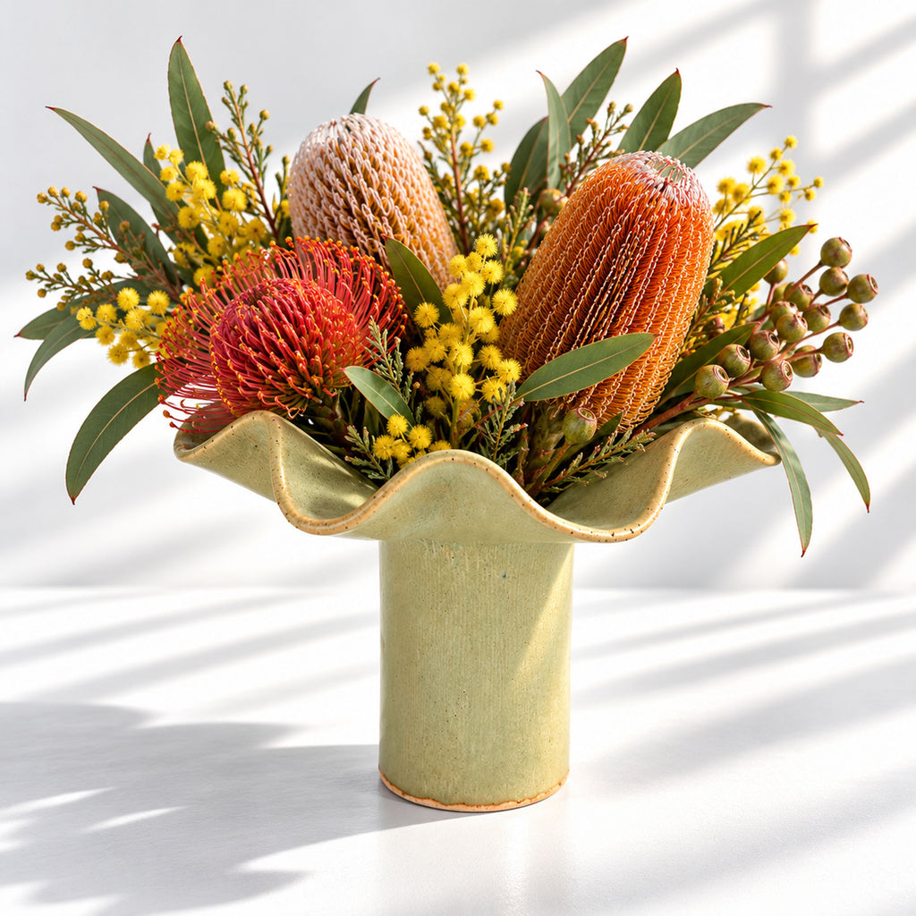 Wave Vase Wide Base - Chocolate, Melted Mint, Caramel Glazes