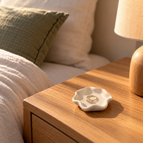Handcrafted white ceramic ring dish with wave edge — perfect for wedding bands and engagement rings