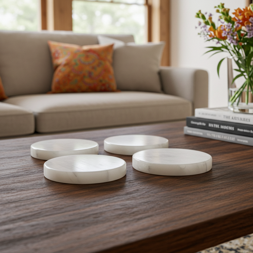 Four round white marble coasters with subtle gray veining arranged on a dark wood coffee table in a modern living room setting.