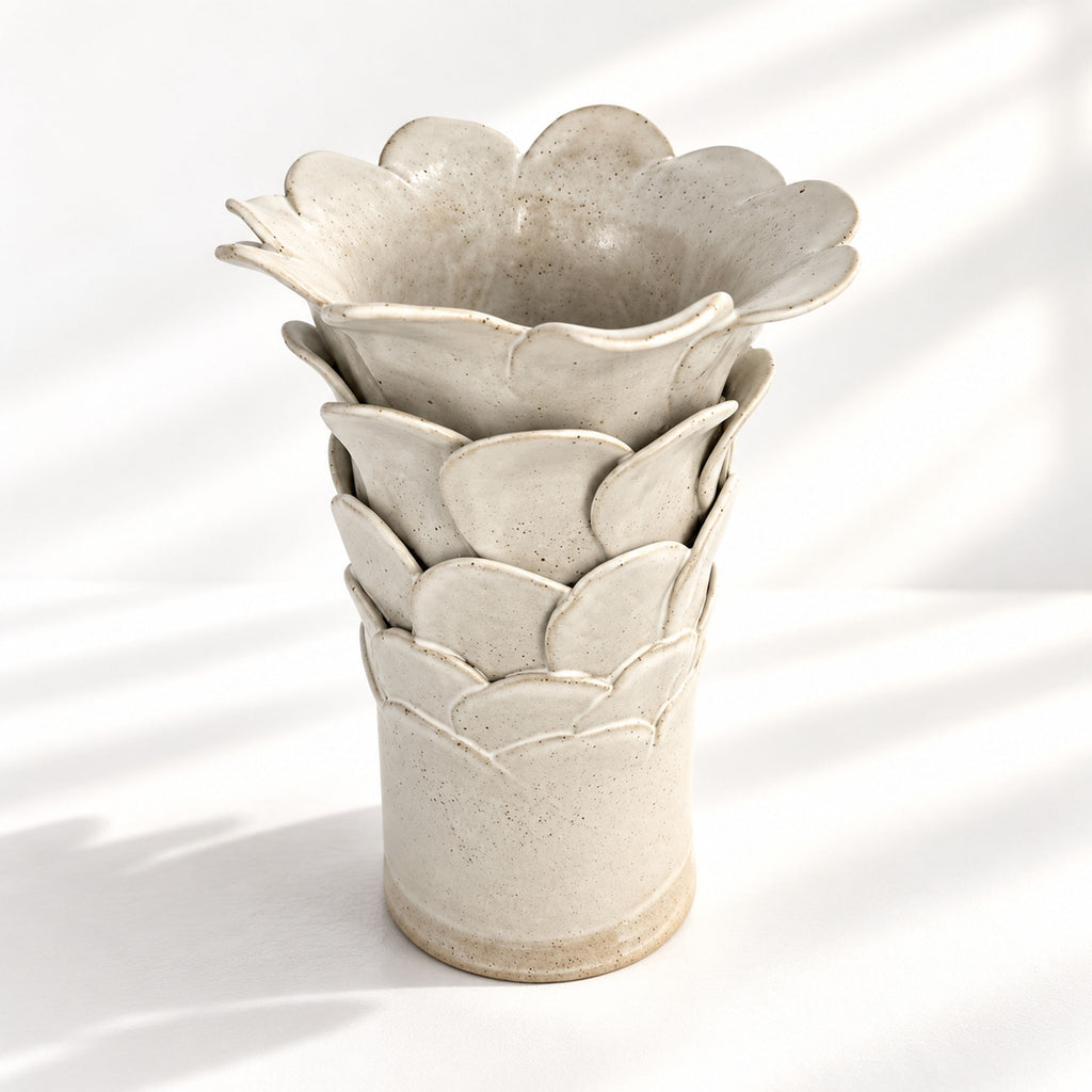Tall Cylinder Petal Flower Vase - White