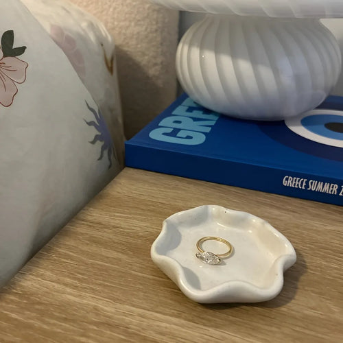 Handcrafted white ceramic ring dish with wave edge — perfect for wedding bands and engagement rings