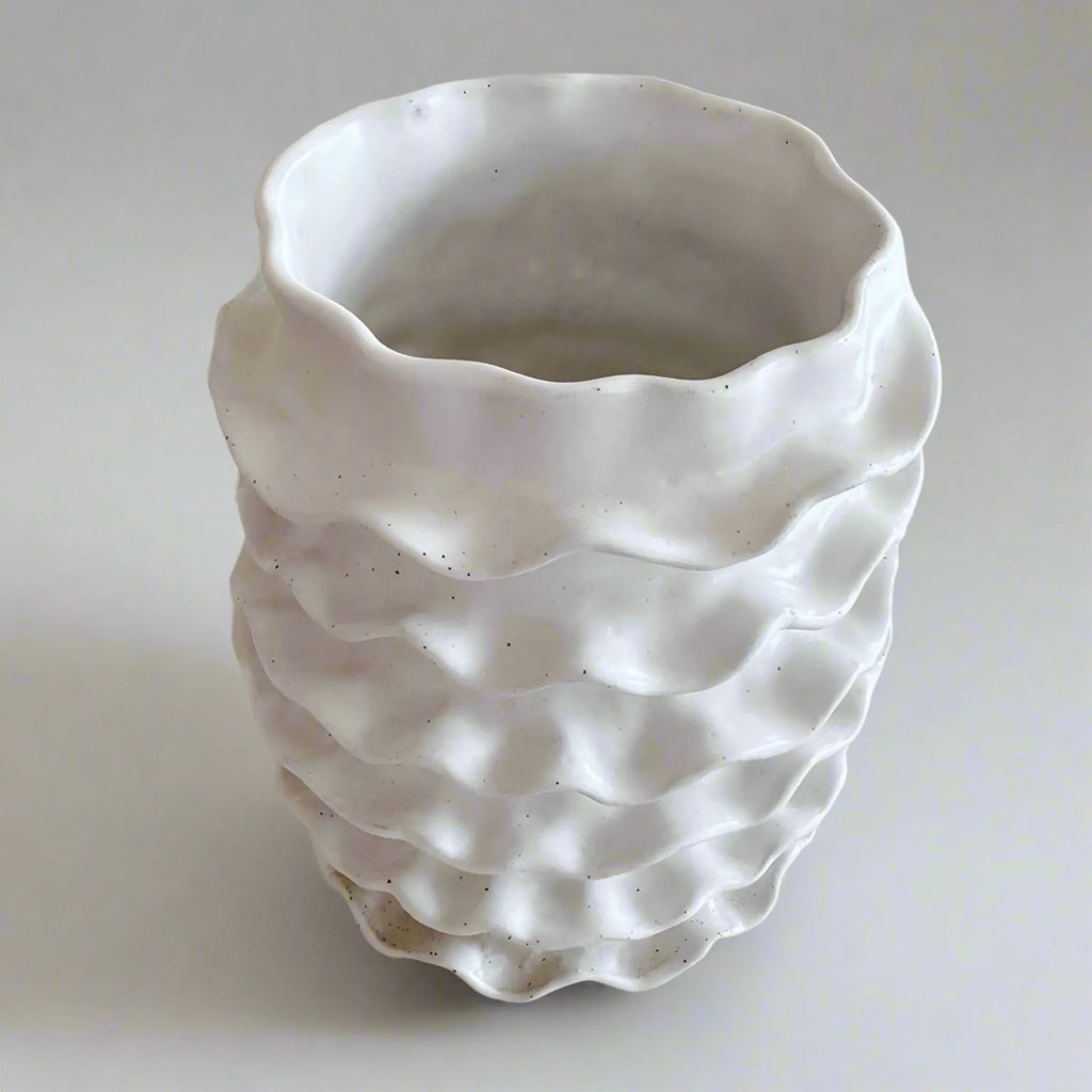 Cylindrical Rimmed Vase Ceramic Cylindrical Vase | Sculptural Spiral Edge White Vase Australia ...